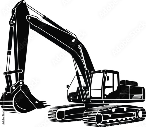A detailed black and white illustration of an excavator, highlighting its mechanical structure and operational components for construction and heavy industry