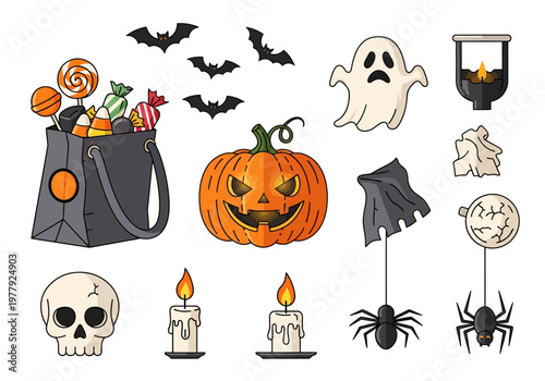 Spooky Halloween flat vector illustration set featuring a trick-or-treat bag, pumpkin, ghost, bats, candles, spider, skull, and lantern for festive decorations and invitations