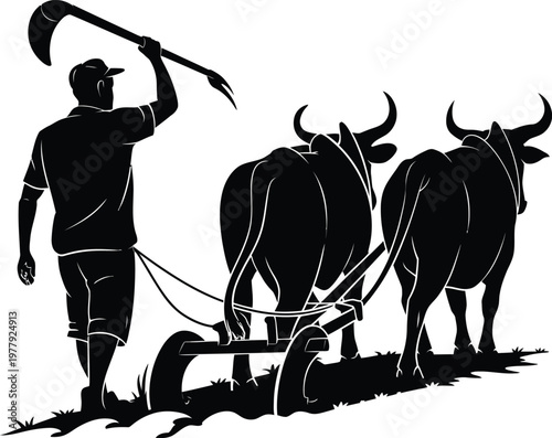 Silhouette of a farmer plowing a field with oxen and a traditional plow, illustrating agricultural labor