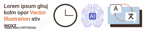 Artificial intelligence, technology, automation, language translation, workflow management, innovation. A clock, AI network and language tool icons . AI and technology innovation