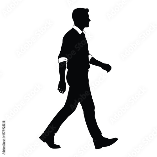 A full silhouette of a young man wearing a collared shirt and pants walking confidently to the right side of the frame in a studio setting vector on white background