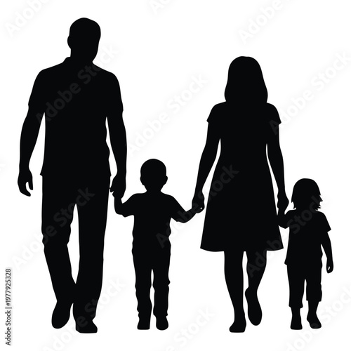 A happy family silhouette walking together holding hands with father mother and two young children vector on white background