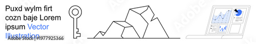 Data analysis, cybersecurity, data visualization, report tracking, business analytics, or mining insights. Minimal key and geometric shapes next to a laptop with graphs. Cybersecurity and data
