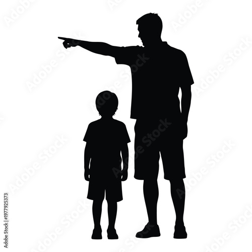 Adult pointing while standing next to a young child in casual clothing silhouette style vector on white background