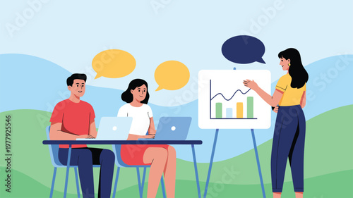 Three colleagues participate in an outdoor business presentation with laptops and a visual graph