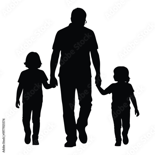 Tableau sur toile Family silhouette holding hands walking together in a simple graphic style vecto