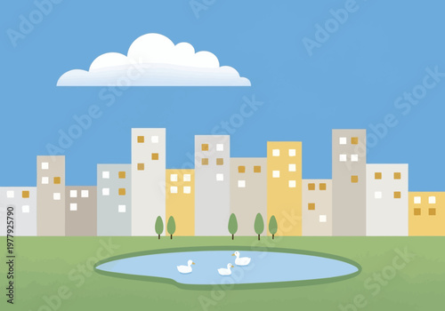 Modern vector illustration of a peaceful city park with a pond, ducks, and a serene urban skyline
