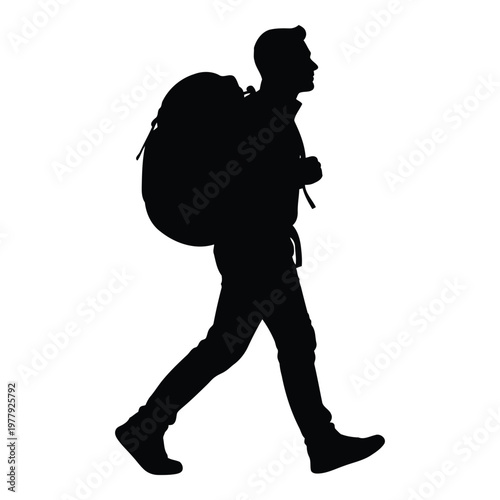 Person walking with large backpack carrying additional bag silhouette style design vector on white background