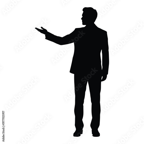 Professional silhouette of person gesturing with arm extended in formal business attire vector on white background
