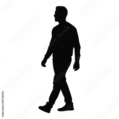 Profile silhouette of a young adult male walking casually with his hands relaxed at his sides depicted