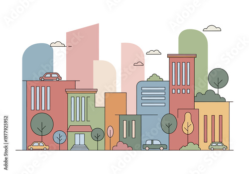 Modern vector illustration of a vibrant urban cityscape with colorful buildings, cars, and trees, symbolizing growth