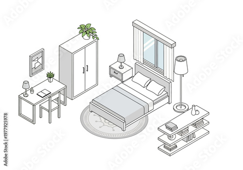 Isometric Flat Vector Illustration of a Modern Bedroom Interior Design with Furniture and Decor