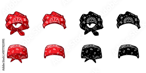 Premium collection of traditional paisley bandanas in classic red and black colors. Perfect for hip-hop fashion elements, western cowboy costumes, and urban lifestyle graphic design projects.