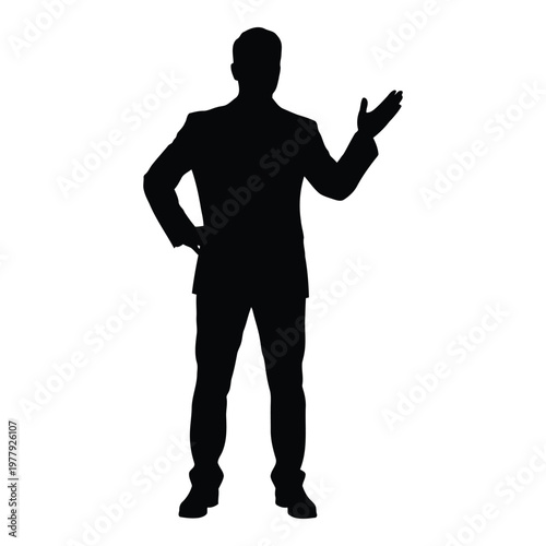Silhouette of a formally dressed businessman standing with one hand on hip and other arm extended with open palm gesturing vector on white background