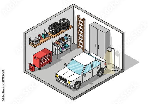 Isometric flat vector illustration of a home garage filled with car maintenance supplies and a parked vehicle, storage shelves, and tools
