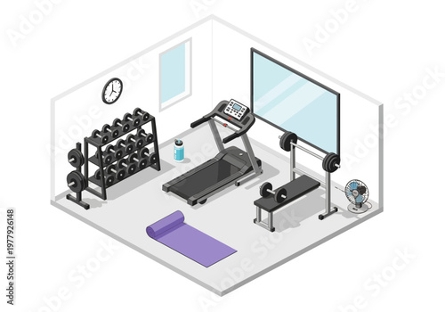 Isometric flat vector illustration of a well-equipped home gym featuring a treadmill, dumbbells, bench, and yoga mat for fitness and wellness