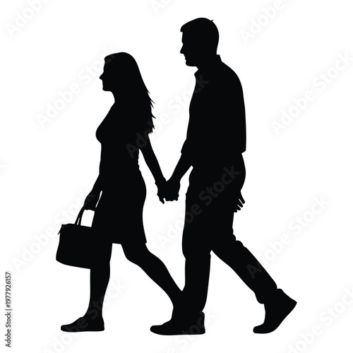 Silhouette of a couple holding hands walking together carrying a bag in profile view on a white background representing unity and companionship vector on white background