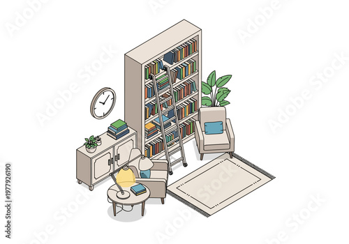 Cozy isometric reading nook with a bookshelf, armchair, and side table, perfect for relaxation and study