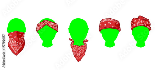 Professional pack of red patterned bandanas shown in various wearing styles like face masks and headwraps. Excellent for clothing mockup kits, digital art assets, and style guide concepts.