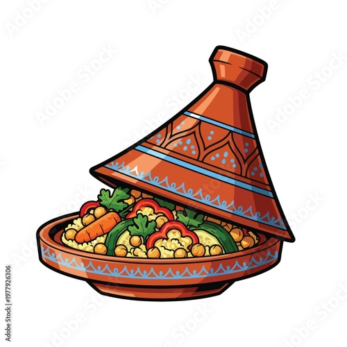 Tajine filled with aromatic Moroccan couscous and fresh vegetables is illustrated as a decorative culinary icon to represent traditional North African cuisine and health.
