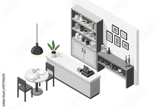 Isometric vector illustration of a modern cafe interior, showcasing a counter, seating, and shelving, perfect for design and architectural concepts