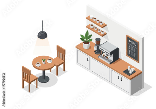 Cozy coffee shop interior with espresso machine and seating area, isometric flat vector illustration