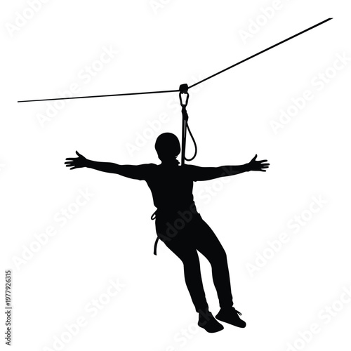 Silhouette of a person wearing a helmet and harness enjoying a thrilling zipline adventure with arms outstretched in a moment of pure exhilaration and freedom vector on white background