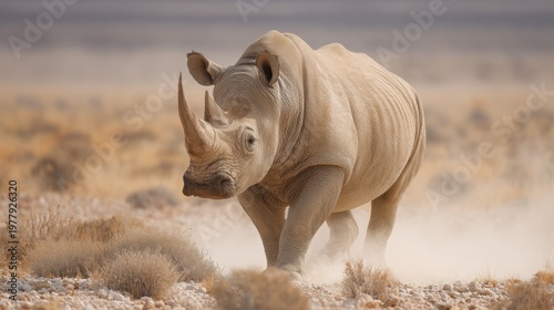 Majestic White Rhinoceros with Thick Wrinkled Hide Walking Through Dusty Savanna