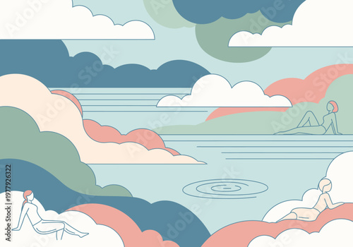 Calm & Serene Abstract Landscape with Figures Relaxing by Water