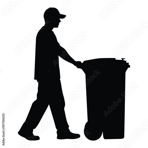 Silhouette of a sanitation worker pushing a wheeled trash bin showcasing a clean environment and waste management services vector on white background