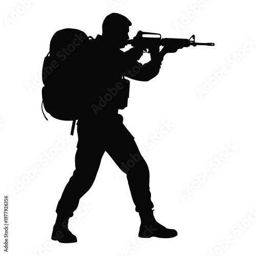 Silhouette of a soldier in tactical gear aiming an assault rifle while wearing a large backpack and combat boots depicting a military operative ready for action vector on white background