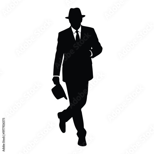 Silhouette of a sophisticated gentleman wearing a fedora hat and a full suit walking with a confident stride vector on white background