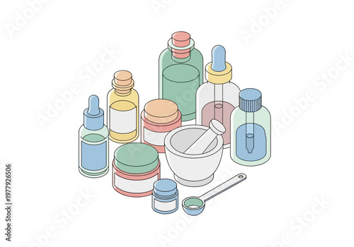 Isometric illustration of apothecary and cosmetic products. Health and wellness supplies for personal care