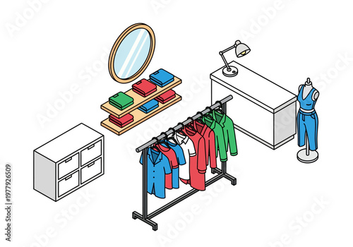 Isometric flat vector room set of a clothing store with display racks, a checkout counter, and storage units