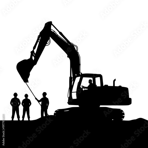 Excavator and construction workers silhouette on white background