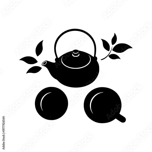 Minimalist Tea Set Silhouette with Teapot Cups and Leaves