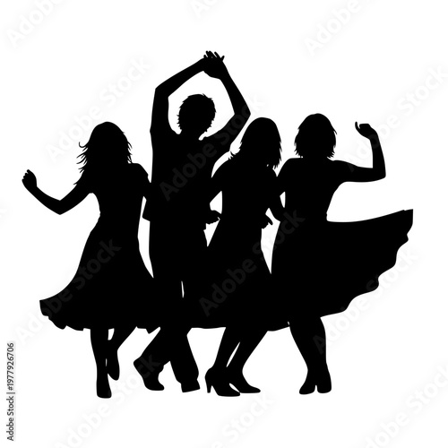 Silhouettes of four people dancing together on a white background