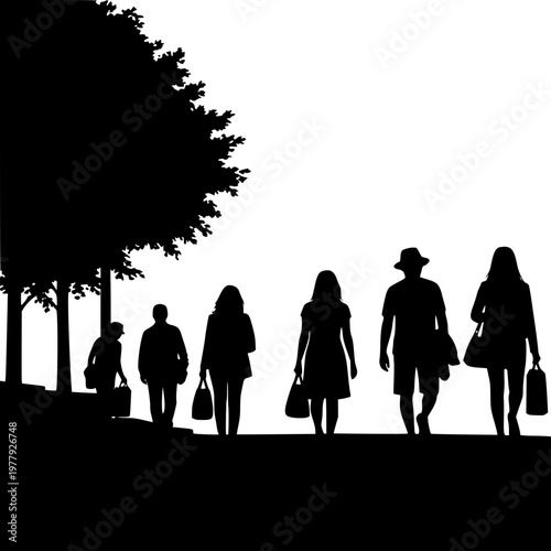 Silhouettes of people walking outdoors along a tree-lined path