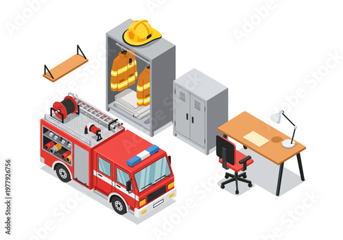Isometric flat vector illustration of a firefighter's room, complete with equipment and furniture
