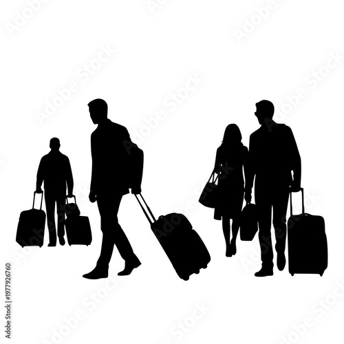 Silhouettes of people traveling with suitcases walking on white background