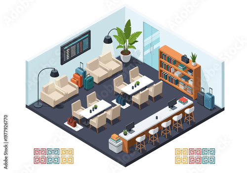 Isometric flat vector room set, comfortable seating area with luggage, bar, and bookshelves