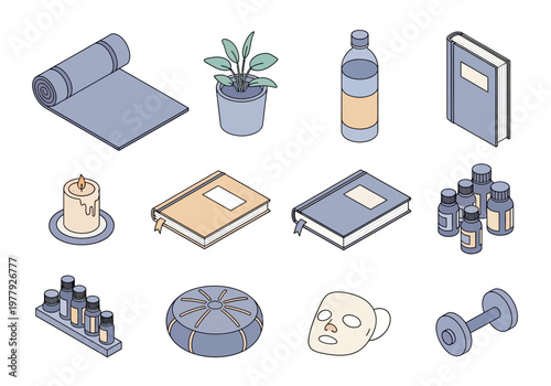 Diverse Isometric Wellness Objects Set for Personal Health and Serene Self-Care
