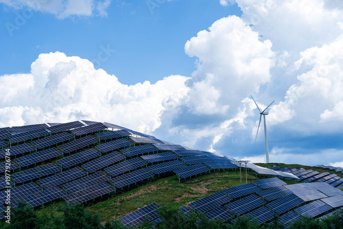 The solar photovoltaic power generation system is located on the hillside.