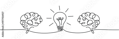 Two human brains connected through light bulb continuous line art vector illustration symbolizing idea exchange thinking process creativity and psychological insight concept