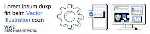 Cybersecurity, data protection, ID authentication, secure networks, privacy settings, digital safety. Gear icon, mobile lock and computer screen with shields. Cybersecurity and data protection