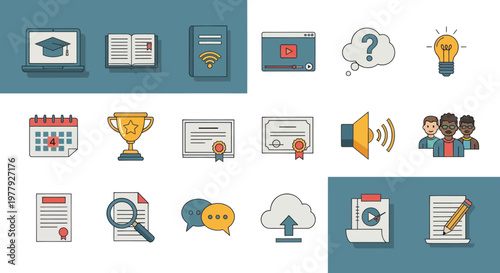 Online Education Icons: Graduation Cap, Books, Certificate, Trophy, Video, Lightbulb, Calendar, Chat