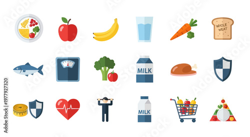 Healthy Lifestyle Icons: Food, Fitness, Weight Loss, Nutrition, and Wellness