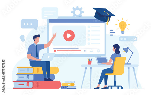 Two learners engage in a video conference call for educational purposes with digital content