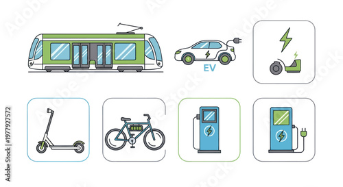 Electric Transportation Icons: EV Car, Tram, Scooter, Bike, Charging Stations