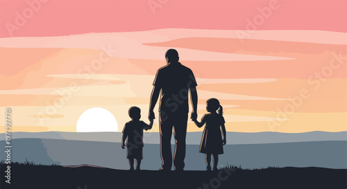 Silhouette of family walking together outdoors.